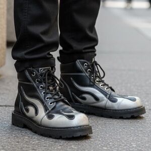 Vintage Y2K Sha Sha Tribal Flame Boots‎ • Men’s Sz 9 • Silver Black Biker Punk